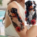 Temporary tattoo sticker featuring a realistic dog and red roses design for arm and leg use. - NZ1220 / 19.8x9.6CM