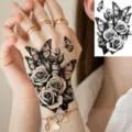 Black and white rose butterfly temporary tattoo sticker for hand, wrist and body art decoration. - HL045 / 12x8cm