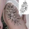 Adesivo per tatuaggio floreale temporaneo per coscia, design di peonia nera impermeabile chic. - LZ253