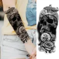 Adesivo per tatuaggio temporaneo con teschio, orologio da tasca e rosa per braccio. - XZ015 (Teschio Orologio da Tasca)