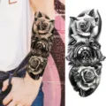 Adesivo per tatuaggio temporaneo impermeabile con rose e orologio vintage per braccio. - XZ022 (Rosa Orologio)