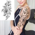 Adesivo tatuaggio temporaneo fiore di peonia arte di linea nera grande braccio impermeabile. - LZ134