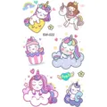 Simpatici fogli di tatuaggi temporanei unicorno con arcobaleno e nuvole colorate. - SW22