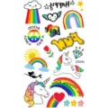 Foglio di tatuaggi temporanei arcobaleno unicorno colorato per bambini e arte corporea. - Modello CD033 / 12x6.8cm