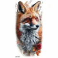 Adesivo per tatuaggio volpe ad acquerello impermeabile con foglie autunnali per braccio e corpo. - Volpe Rossa (NZ1207)