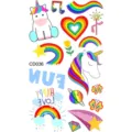 Foglio adesivo per tatuaggio temporaneo unicorno arcobaleno, simpatico design impermeabile. - Modello CD036 / 12x6.8cm