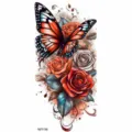 Monarch butterfly and roses temporary tattoo sticker, colorful floral body art design for arms. - Black Orange Butterfly Rose Style (NZ1156) / 19.8x9.6CM