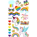 Hoja de pegatinas de tatuajes temporales de unicornio arco iris, arte corporal colorido. - Patrón CD037 / 12x6.8cm
