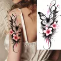 Temporary butterfly tattoo sticker, black and white butterfly with pink lily flower design. - Butterfly and Lily Style (NZ515) / 19.8x9.6CM