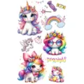 Cute cartoon unicorn temporary tattoo sheet with colorful rainbow and magical designs. - SW726