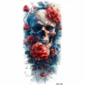 Watercolor skull and red roses temporary tattoo sticker for arm body art fashion decor. - Skull and Rose (NZ1192)
