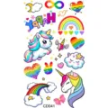 Hoja de pegatinas de tatuaje temporal unicornio arco iris colorido, arte corporal para niños. - Patrón CD041 / 12x6.8cm