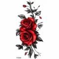 Temporary tattoo sticker featuring dual red roses and black leaves, perfect for arm or leg. - Twin Red Roses Style (FO059) / 15x7CM