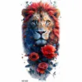 Watercolor lion and red rose temporary tattoo sticker for arm body art, vibrant and trendy. - Lion and Rose (NZ1222)