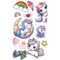 Cute unicorn temporary tattoo stickers sheet featuring colorful rainbows, stars, and hearts for kids. - SW729