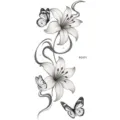 Temporary tattoo sticker featuring elegant lily flowers and butterflies in black and white line art. - FO171