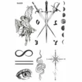 Black and white temporary tattoo sheet featuring angel, swords, and snake designs for body art. - HL039