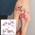 Waterproof temporary tattoo sticker with pink flower branch and butterfly design for finger skin. - HA128 / 8x8cm