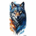 Waterproof watercolor wolf temporary tattoo sticker, vibrant blue orange flame arm body art decor. - Wolf and Ice Flame (NZ1262)