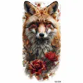 Watercolor fox temporary tattoo sticker, vibrant floral body art design for arms and legs. - Fox and Rose (NZ1208)