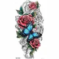 Temporary tattoo sticker featuring vibrant blue butterfly and red roses, arm body art decor. - Colorful Floral and Blue Butterfly Style (NZ1032) / 19.8x9.6CM