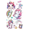 Cute cartoon unicorn tattoo sticker sheet, vibrant colors, temporary body art for kids. - SW733