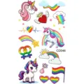 Lindo adhesivo de tatuaje temporal de unicornio de dibujos animados arco iris corazón arte corporal - Patrón CD046 / 12x6.8cm