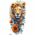 Watercolor lion and floral temporary tattoo sticker, vibrant arm and body art design. - Lion and Flowers (NZ635)
