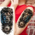 Lion temporary tattoo sticker, realistic lion and compass arm thigh tattoo variant for daily use. - Lion Compass Style (NZ324)