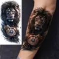 Realistic waterproof temporary tattoo sticker featuring a majestic lion and vintage compass design. - Lion Compass Style (NZ326)