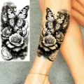 Waterproof temporary tattoo sticker featuring black and white butterfly and beautiful roses design. - Butterfly Floral Pattern (NZ523)