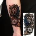 Realistic waterproof temporary lion tattoo sticker for arm and thigh, cool body art design style. - Lion Compass Style (NZ330)