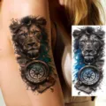 Waterproof temporary tattoo sticker featuring realistic lion head and compass design for arm. - Lion Compass Style (NZ331)
