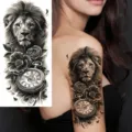 Realistic lion pocket watch temporary tattoo sticker for arm and thigh, waterproof design. - Lion Rose Watch Style (NZ349)