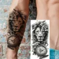 Realistic waterproof temporary lion tattoo sticker, black and grey arm body art sticker. - Lion Floral Watch Style (NZ350)