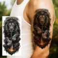 Waterproof temporary lion crown sword tattoo sticker for arm thigh, realistic body art design. - Lion Crown Sword Style (NZ358)