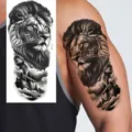 Realistic waterproof temporary lion mountain tattoo sticker for arm and thigh body art use. - Lion Forest Scenery Style (NZ360)