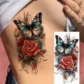 Waterproof temporary tattoo sticker featuring blue butterfly and red roses, ideal for body art. - Butterfly Floral Pattern (NZ1155)