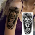 Waterproof temporary tattoo sticker featuring realistic black and white lion and rose design. - Lion Rose Style (NZ911)