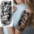 Waterproof temporary tattoo sticker featuring realistic lion and ship design for arm and leg use. - Lion Nautical Compass Style (NZ924)