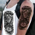 Waterproof temporary tattoo sticker featuring realistic lion and vintage compass design for arm. - Lion Compass Style (NZ950)