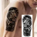 Realistic waterproof temporary lion and knight tattoo sticker designed for arm and thigh use. - Lion Knight Style (NZ951)