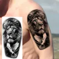 Waterproof temporary tattoo sticker featuring a realistic lion, cross and dove design for arms. - Lion Angel Cross Style (NZ955)