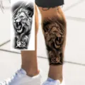 Lion waterproof temporary tattoo sticker, realistic black roaring lion design for arm or thigh. - Lion Compass Style (NZ1175)