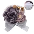 Elegant wedding fabric rose corsage with pearls, silver ribbon and crystal heart detail. - Wrist Corsage / Gray