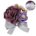 Korean style artificial flower wedding corsage with purple roses, pearls, and silver bow. - Wrist Corsage / Bean Paste Purple