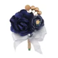 Exquisite blue fabric flower boutonnière with gold beads and silver glitter ribbon detail. - Corsage / Navy Blue