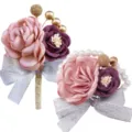 Korean wedding bride groom corsage wrist flower set sparkling ribbon pearl wedding accessory - Boutonniere and Wrist Corsage Set / Skin Pink and Purple Red