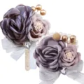 Korean style wedding boutonniere wrist flower set with artificial fabric roses and silver bow. - Boutonniere and Wrist Corsage Set / Dark Grey + Light Pink