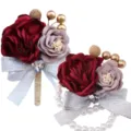Handmade wedding corsage set with artificial roses, silver bows, and pearls for bride and groom. - Boutonniere and Wrist Corsage Set / Burgundy and Light Pink